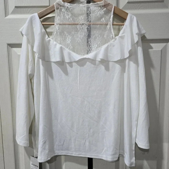 Nwt Storets Size Small Brianna White Cold Shoulder Knit Top‎ Lace Detail Ruffle - Picture 1 of 6